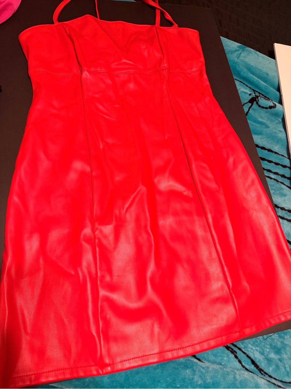 Red Vegan Leather Mini Dress with Thin Straps
